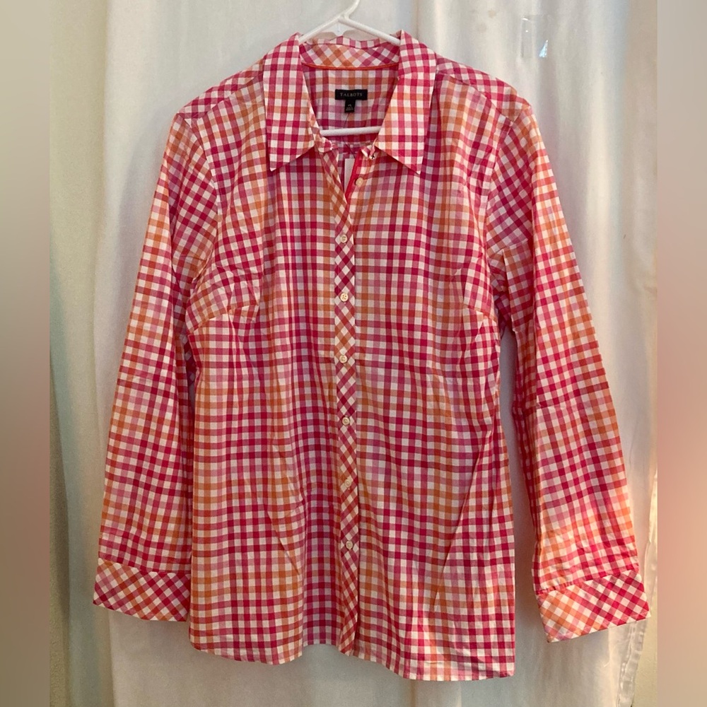 Talbots NWT Red & White Checkered Button Down Tunic Length Shirt Size XL